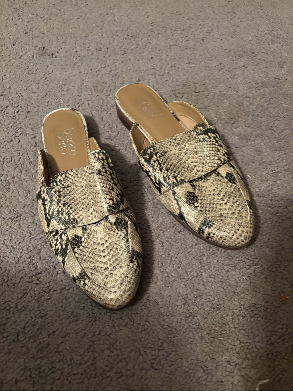 Franco Sarto Beige and Black Snake-Print Slip-On Mules